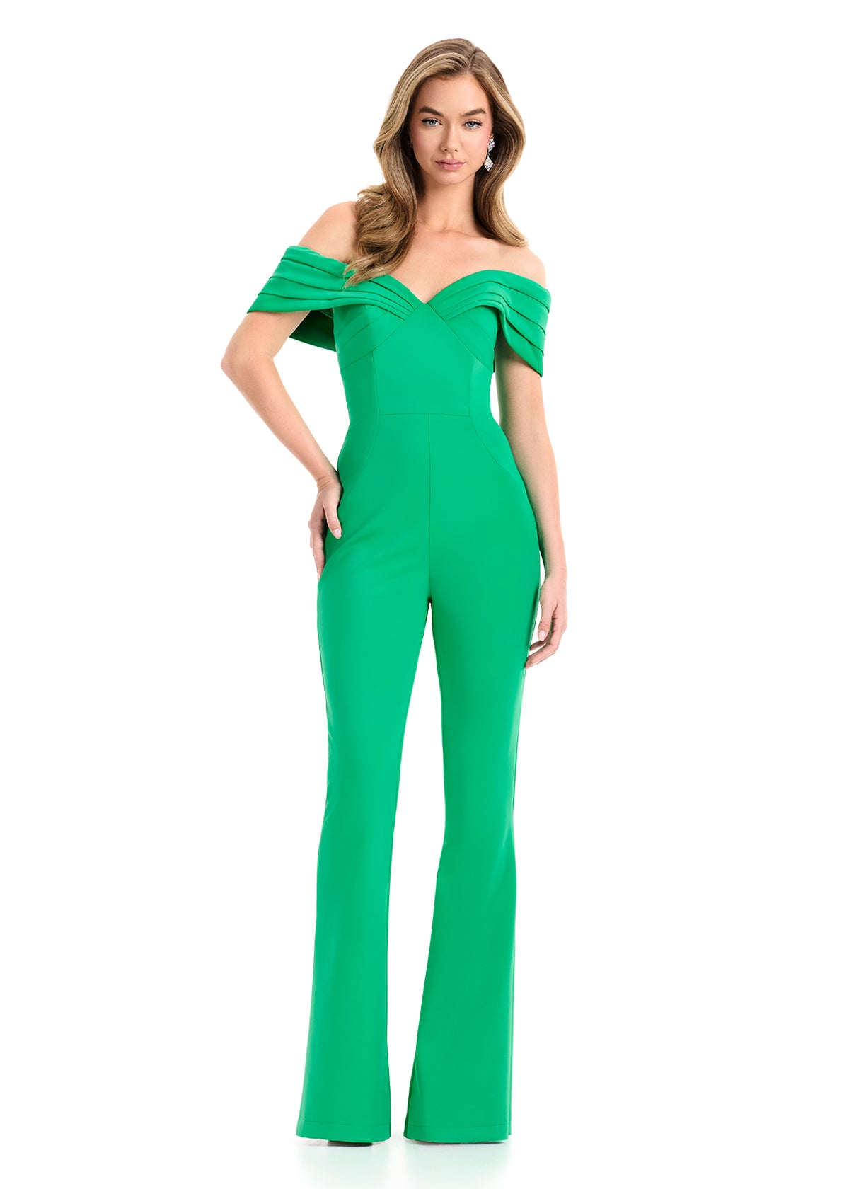 Ashley Lauren 12054 Green Scuba Jumpsuit Off Shoulder Neckline Flared Pants Legs