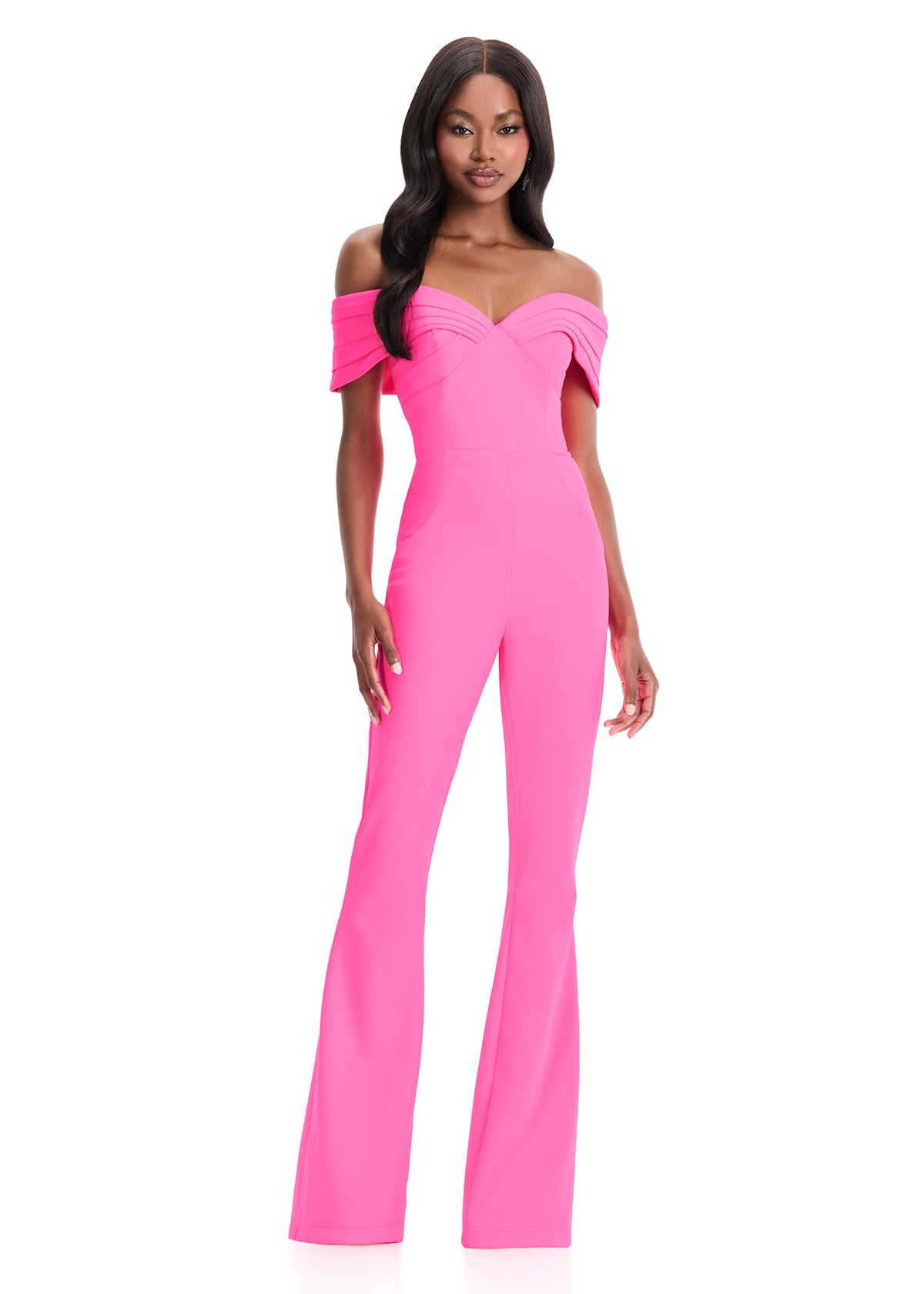 Ashley Lauren 12054 Hot Pink Scuba Jumpsuit Off Shoulder Neckline Flared Pants Legs