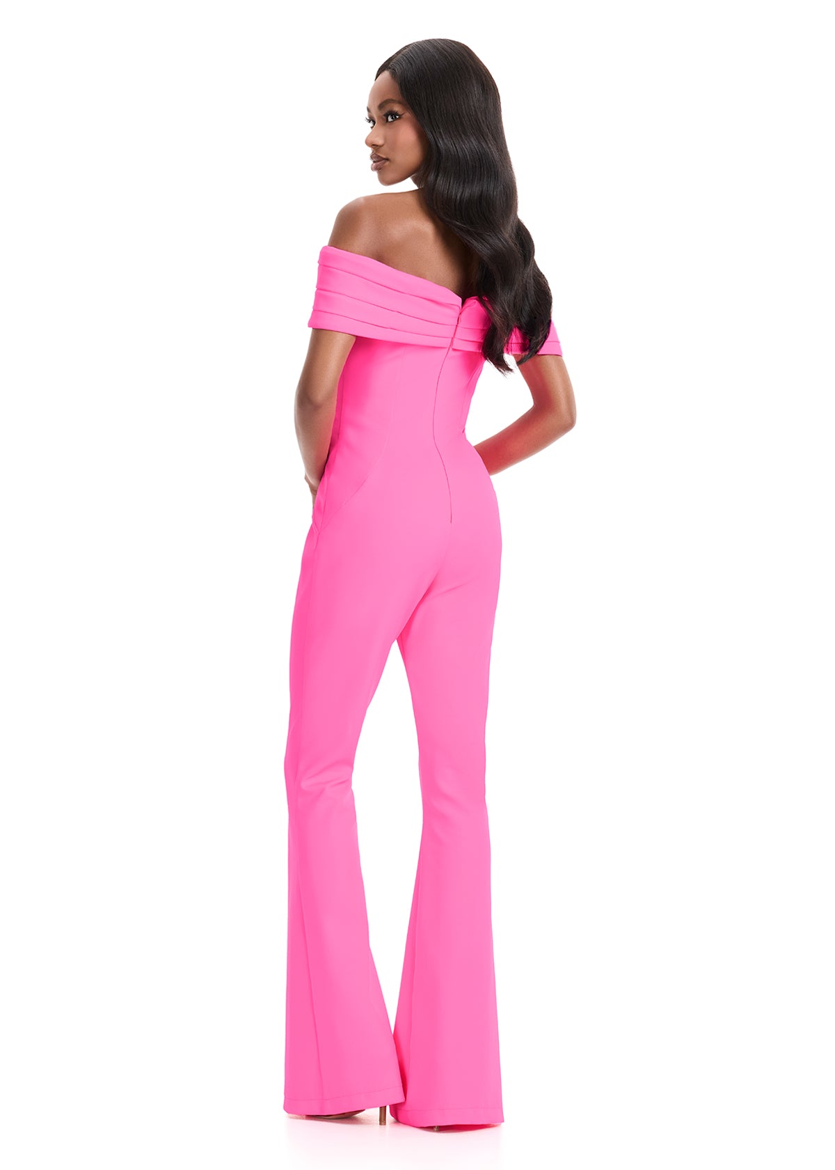 Ashley Lauren 12054 Hot Pink Scuba Jumpsuit Off Shoulder Neckline Flared Pants Legs back