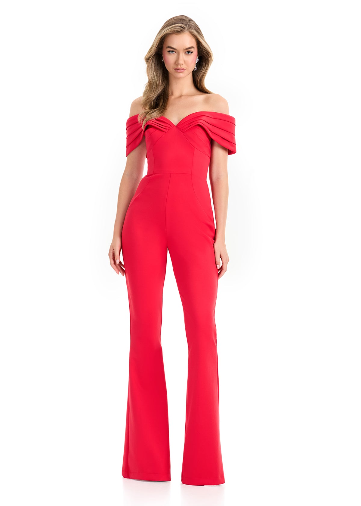 Ashley Lauren 12054 Red Scuba Jumpsuit Off Shoulder Neckline Flared Pants Legs