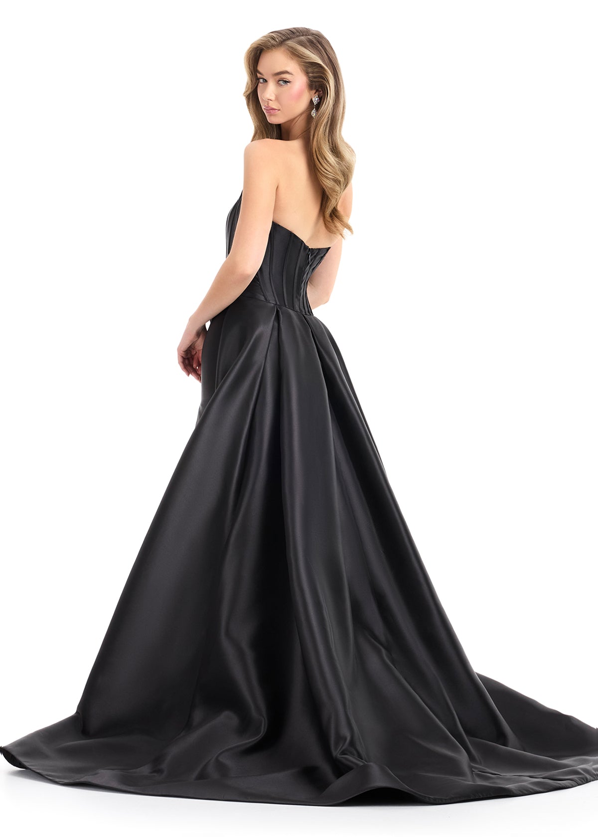 Ashley Lauren 12056 Black Strapless Mikado Fit and Flare Dress Overskirt Slit back