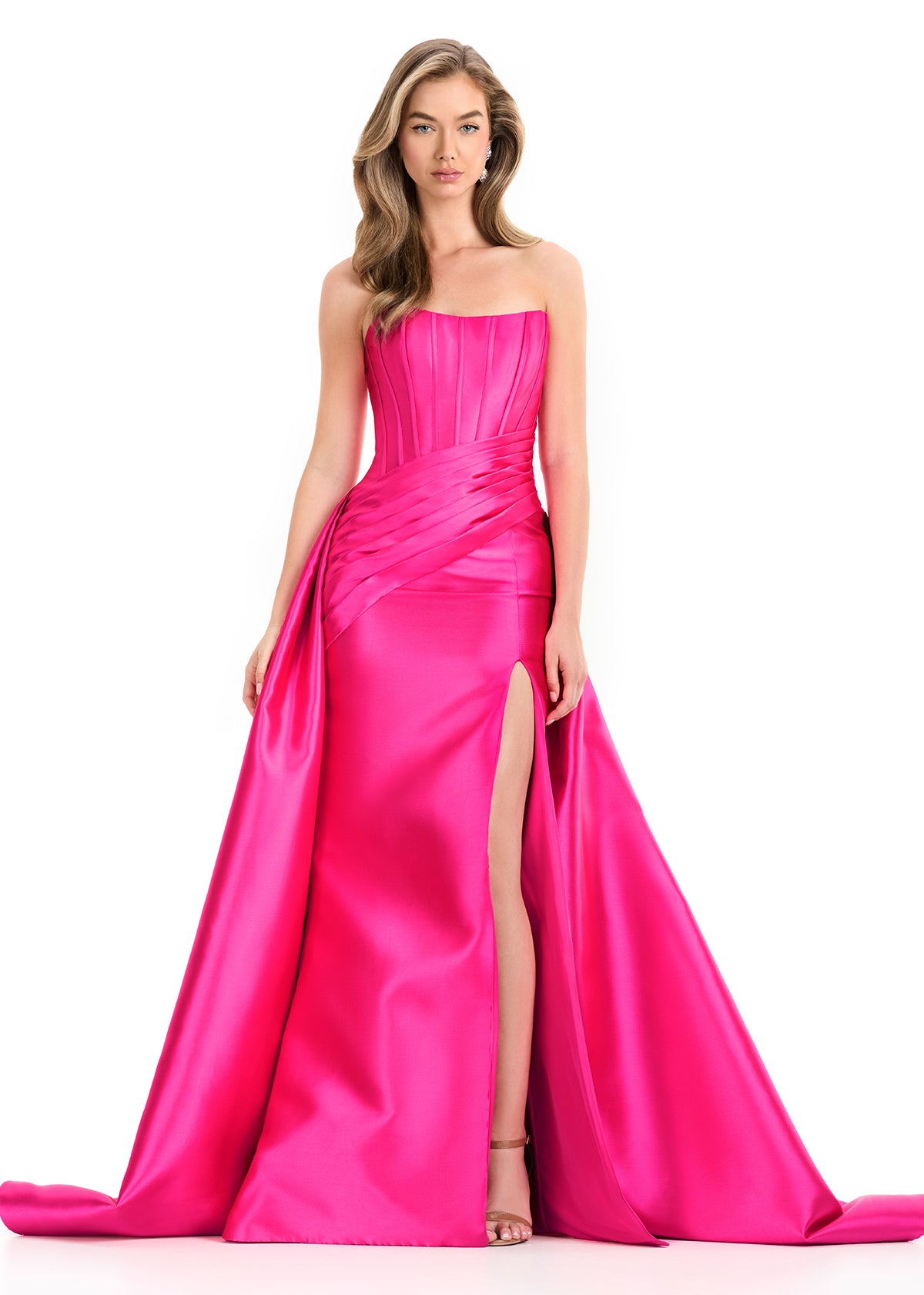 Ashley Lauren 12056 Fuchsia Strapless Mikado Fit and Flare Dress Overskirt Slit