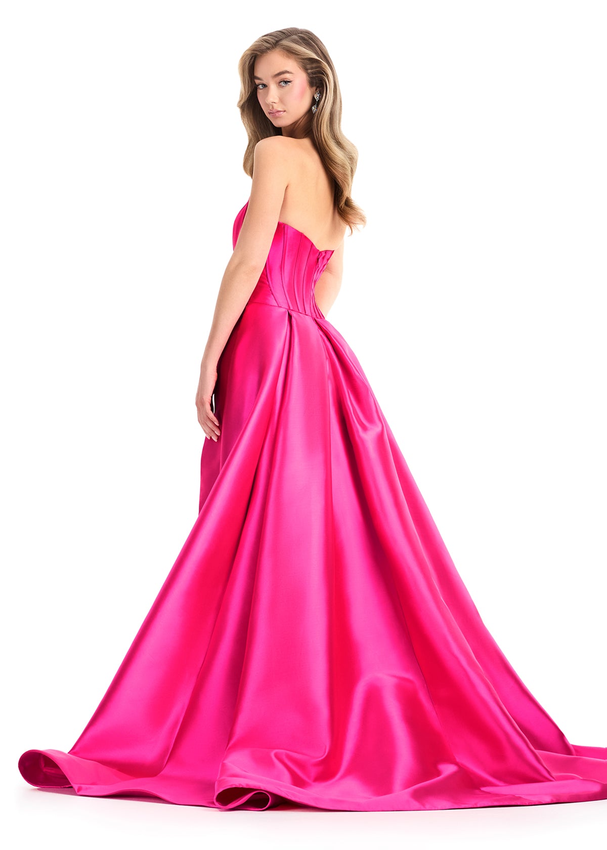 Ashley Lauren 12056 Fuchsia Strapless Mikado Fit and Flare Dress Overskirt Slit back