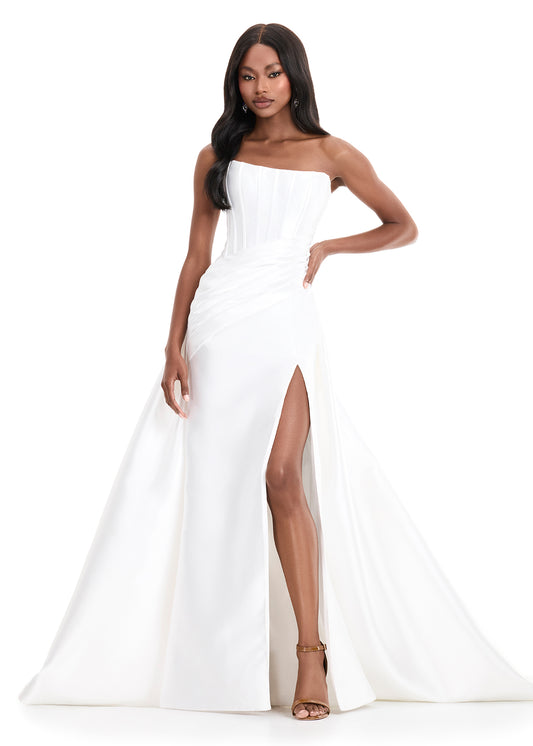 Ashley Lauren 12056 Ivory Strapless Mikado Fit and Flare Dress Overskirt Slit