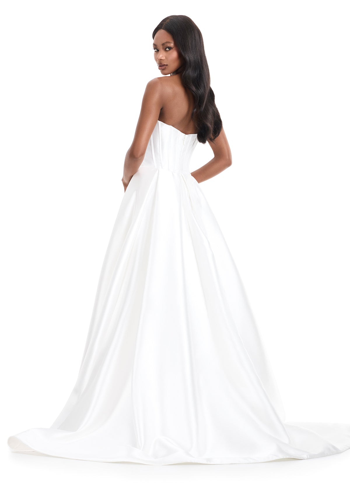 Ashley Lauren 12056 Ivory Strapless Mikado Fit and Flare Dress Overskirt Slit back