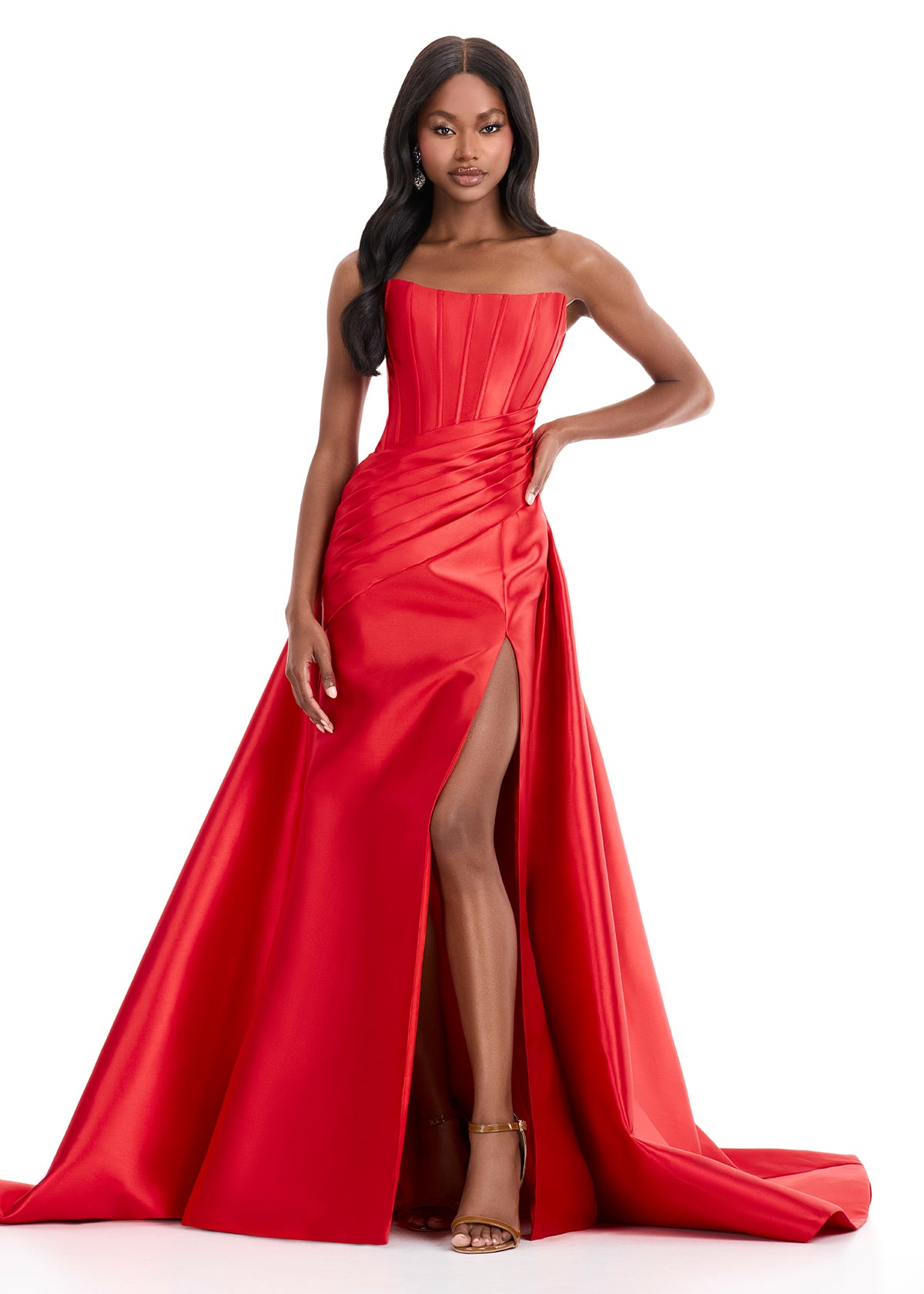 Ashley Lauren 12056 Red Strapless Mikado Fit and Flare Dress Overskirt Slit