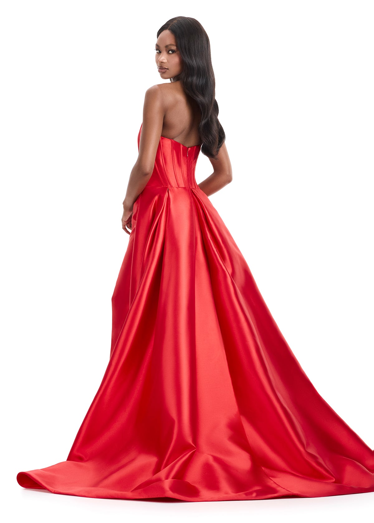 Ashley Lauren 12056 Red Strapless Mikado Fit and Flare Dress Overskirt Slit back