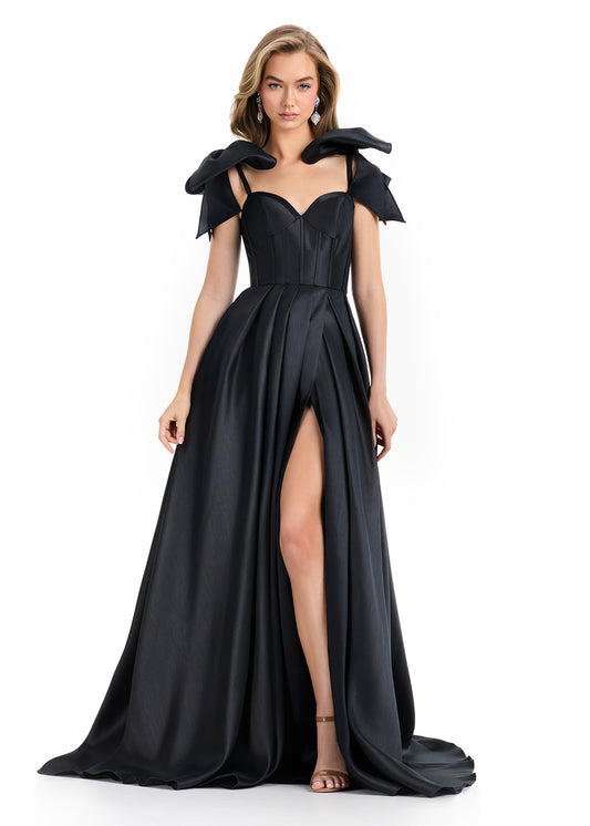 Ashley Lauren 12065 black corset mikado A line dress oversized Bows