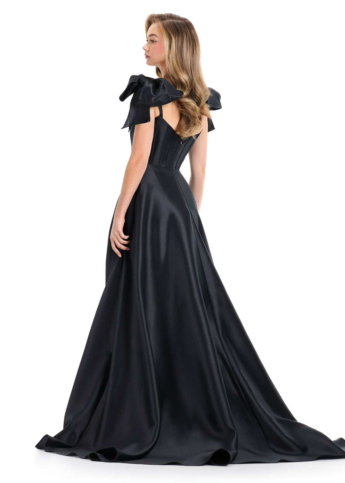 Ashley Lauren 12065 black corset mikado A line dress oversized Bows back