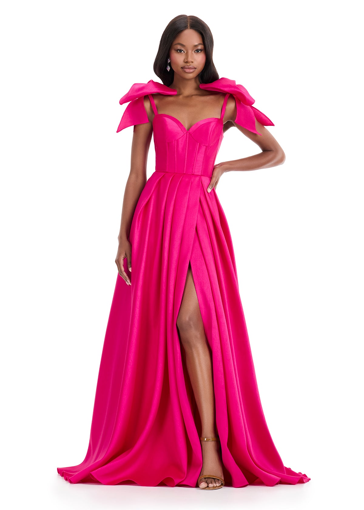 Ashley Lauren 12065 fuchsia corset mikado A line dress oversized Bows