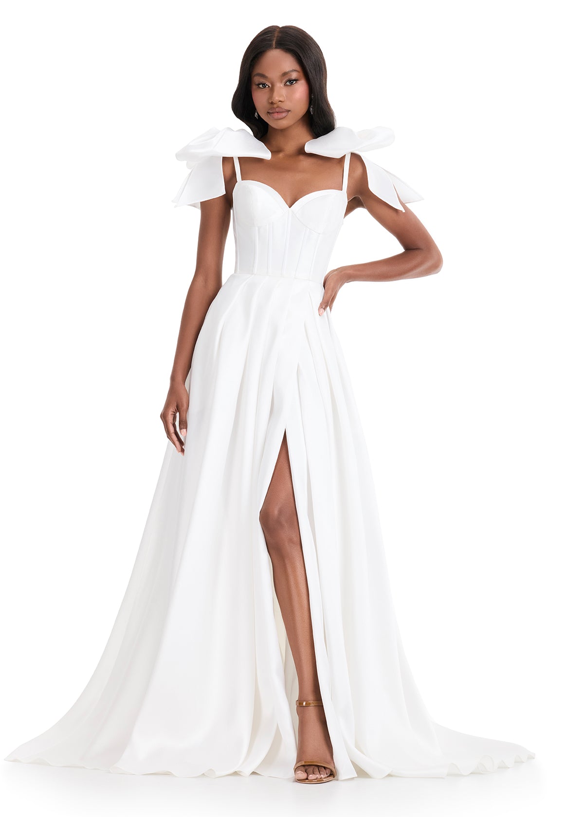 Ashley Lauren 12065 ivory corset mikado A line dress oversized Bows