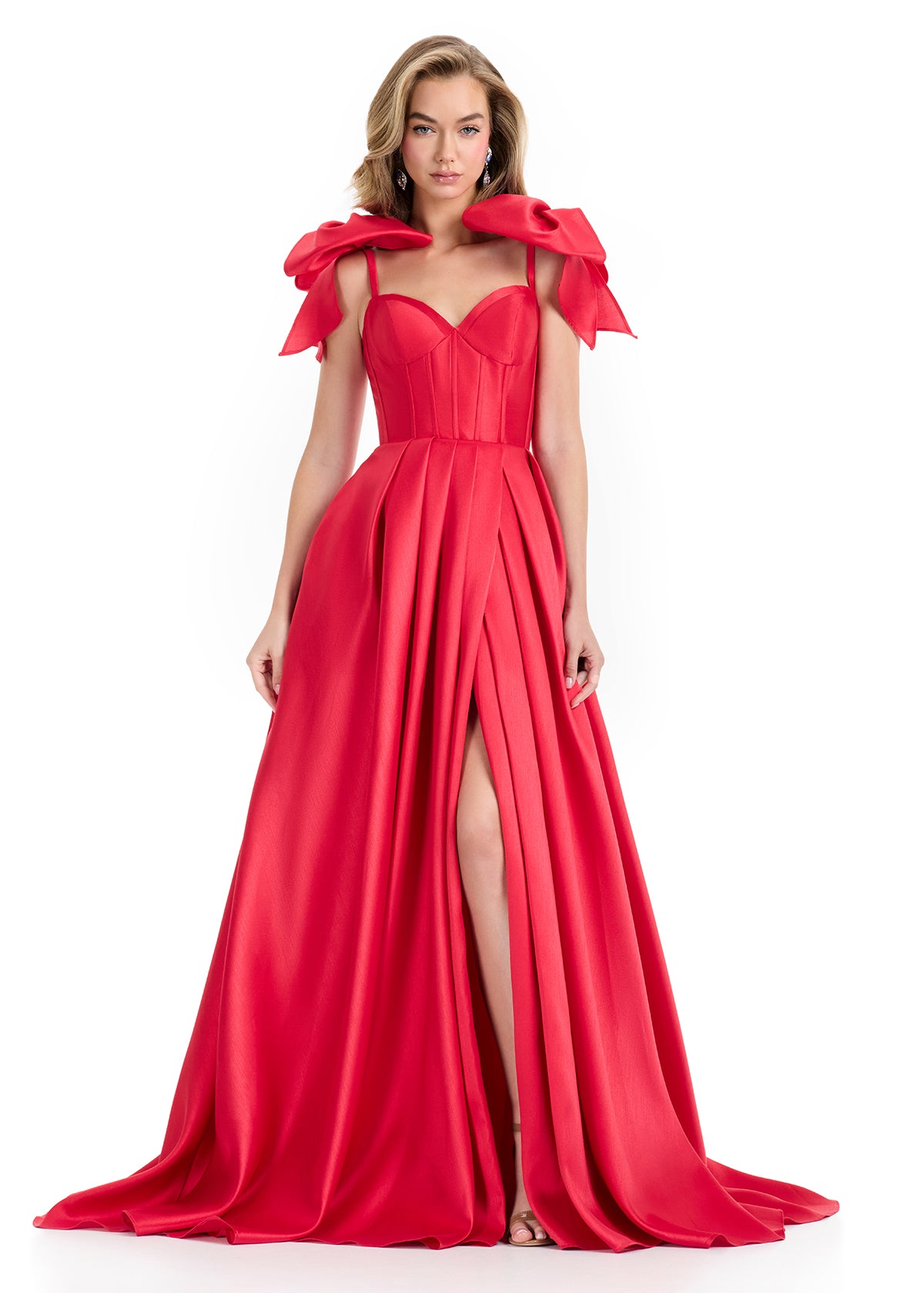 Ashley Lauren 12065 red corset mikado A line dress oversized Bows
