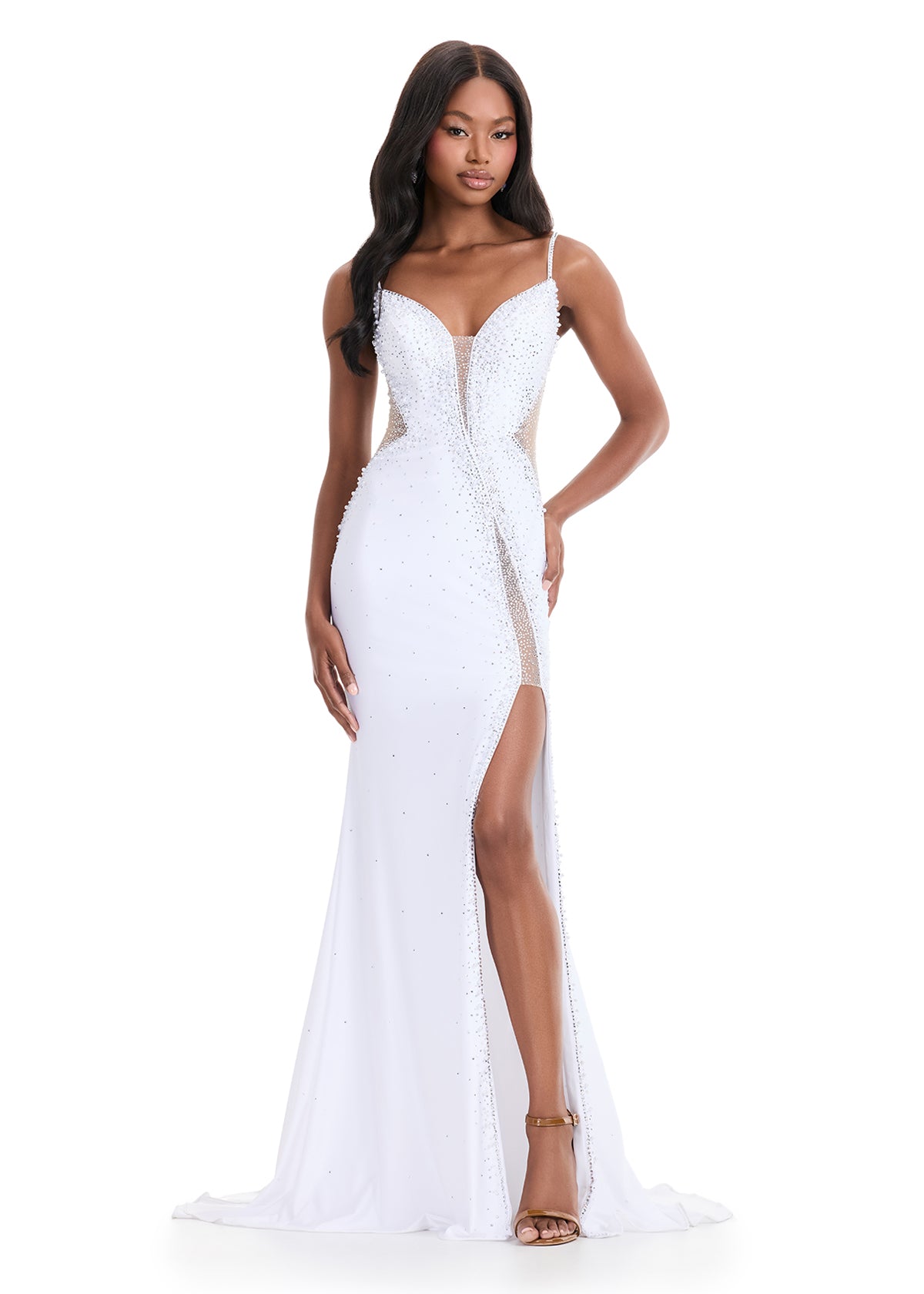 Ashley Lauren 12071 White Crystal Embellished Evening Gown Sweetheart Neckline Sheer Cut Outs
