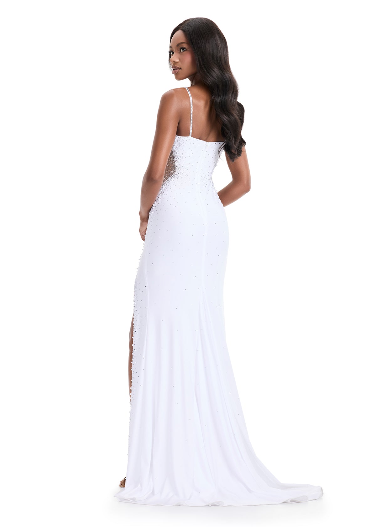 Ashley Lauren 12071 White Crystal Embellished Evening Gown Sweetheart Neckline Sheer Cut Outs back
