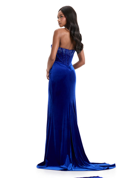 Ashley Lauren 12075 Royal Strapless Velvet Gown Crystal Bodice Ruched Waist back