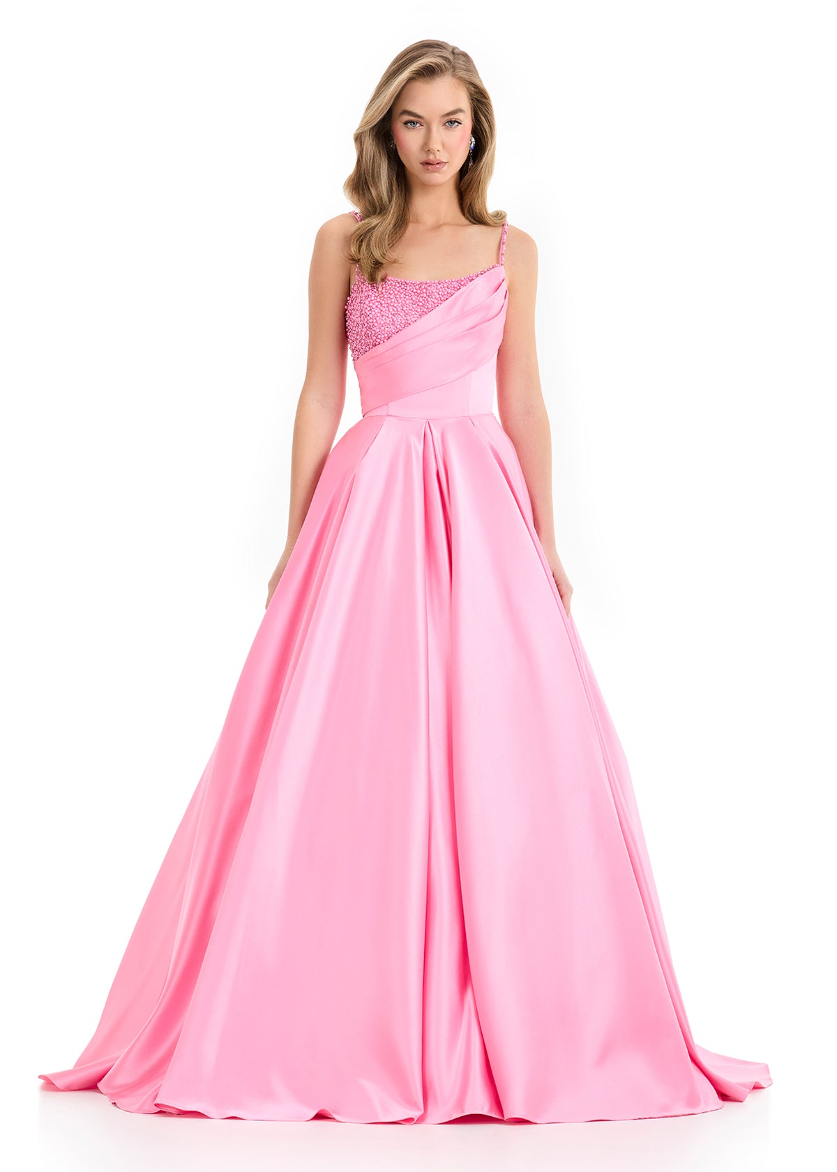 Ashley Lauren 12086 Candy Pink Satin Ballgown Spaghetti Straps Crystals Scoop Neckline Corset Back