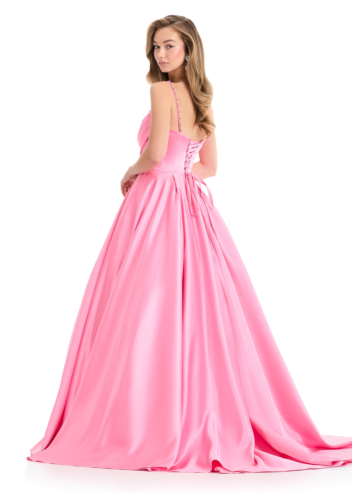 Ashley Lauren 12086 Candy Pink Satin Ballgown Spaghetti Straps Crystals Scoop Neckline Corset Back 2