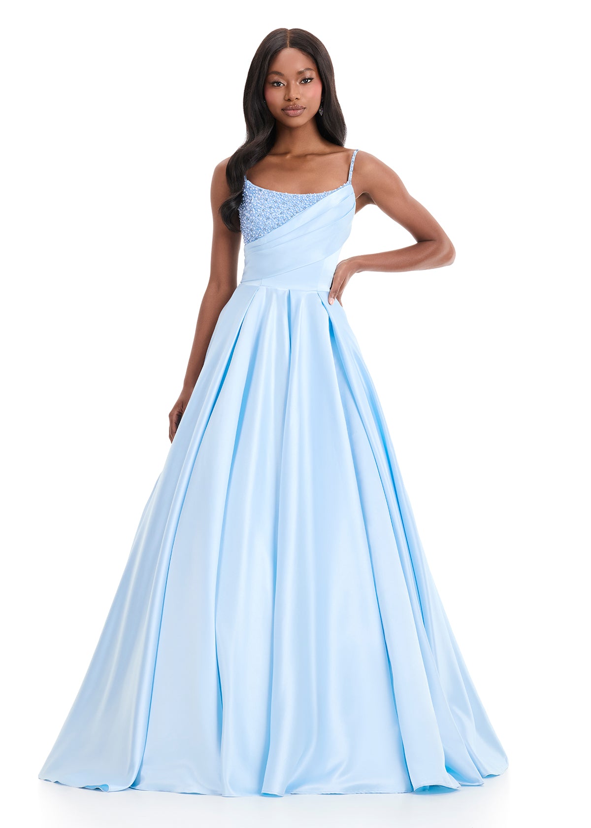 Ashley Lauren 12086 Ice Blue Satin Ballgown Spaghetti Straps Crystals Scoop Neckline Corset Back
