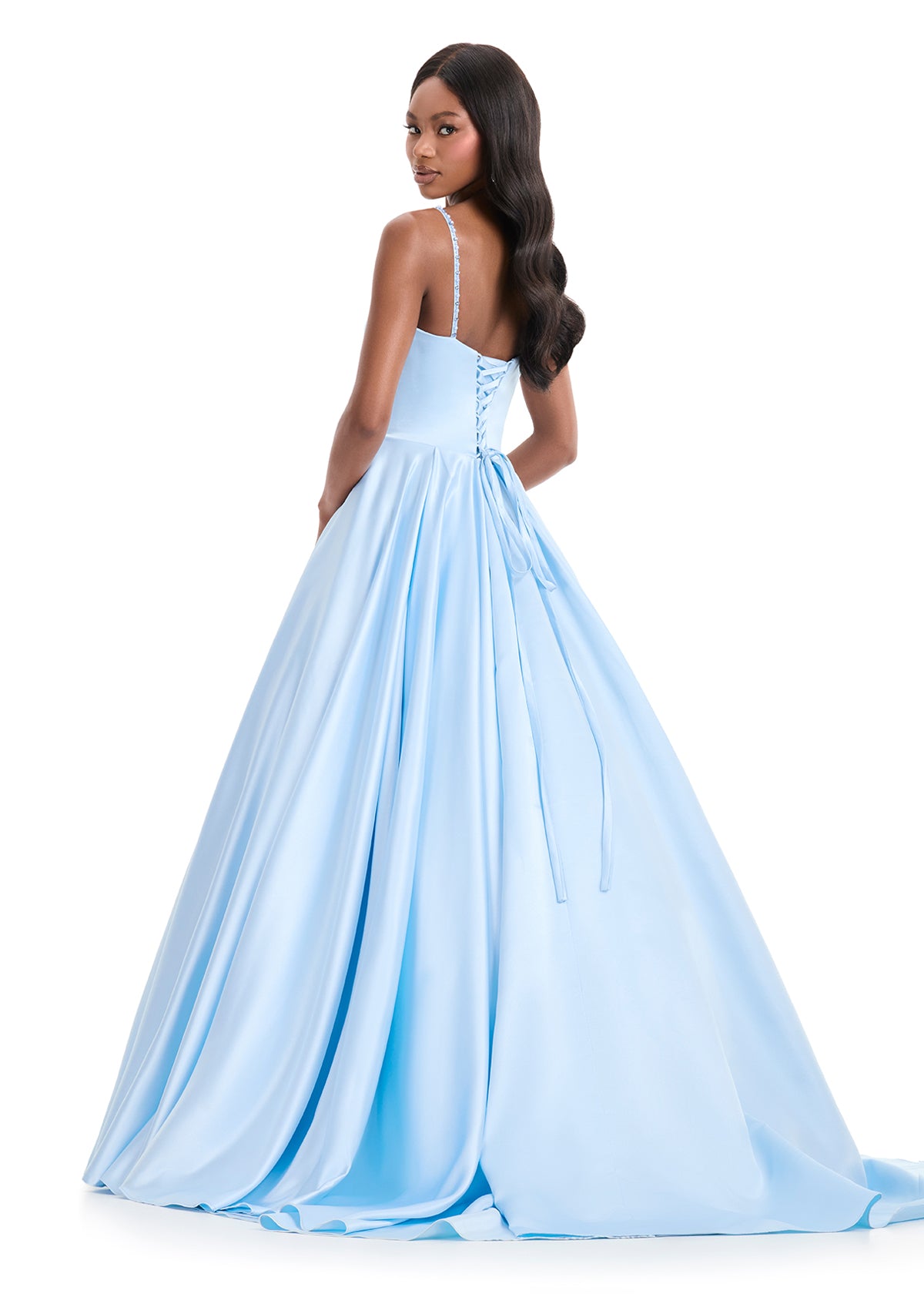 Ashley Lauren 12086 Ice Blue Satin Ballgown Spaghetti Straps Crystals Scoop Neckline Corset Back back