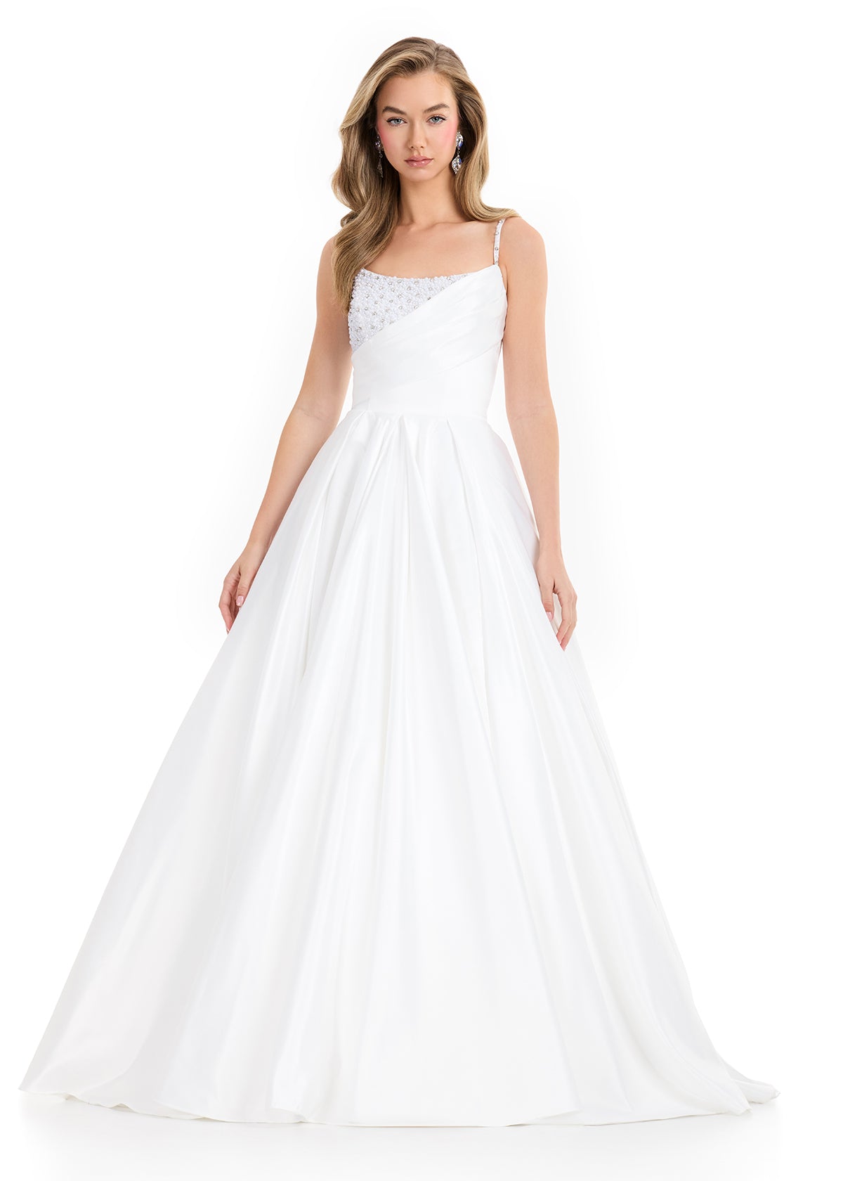 Ashley Lauren 12086 Ivory Satin Ballgown Spaghetti Straps Crystals Scoop Neckline Corset Back