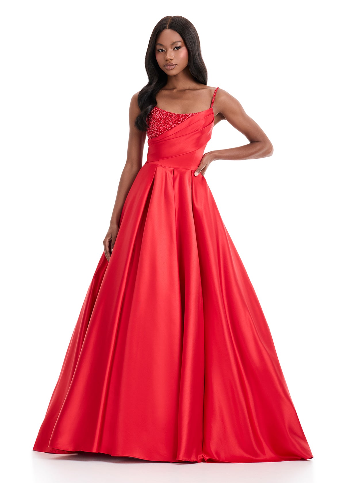 Ashley Lauren 12086 Red Satin Ballgown Spaghetti Straps Crystals Scoop Neckline Corset Back