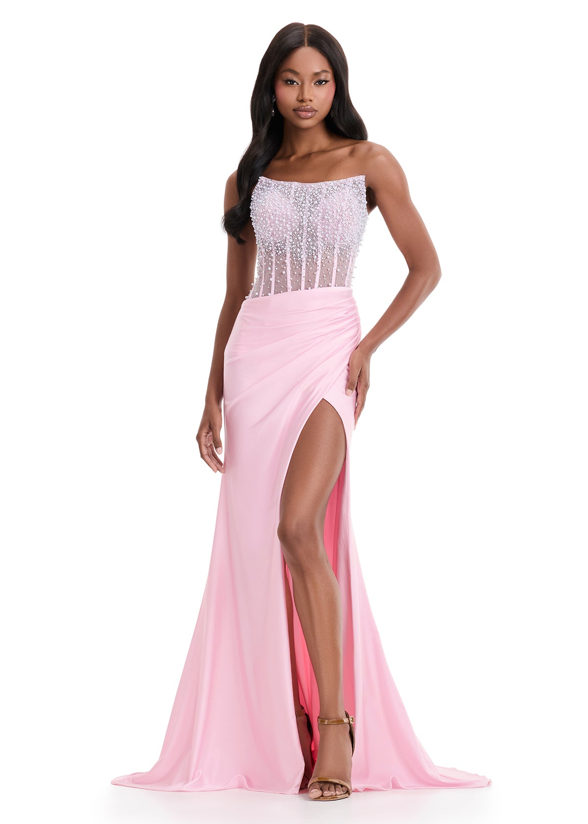Ashley Lauren 12087 ice pink elegant jersey evening gown sheer pearl bodice