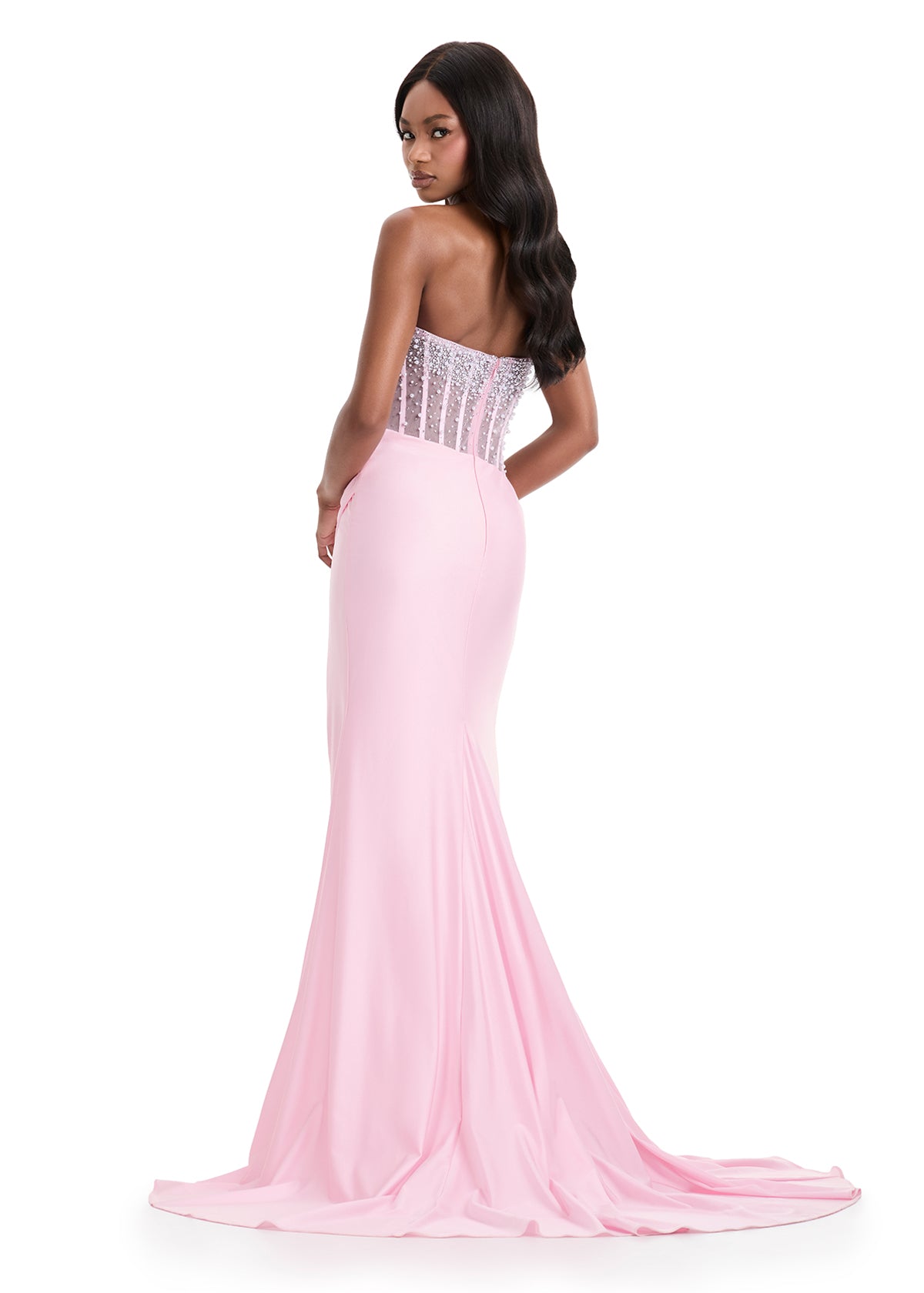 Ashley Lauren 12087 ice pink elegant jersey evening gown sheer pearl bodice back