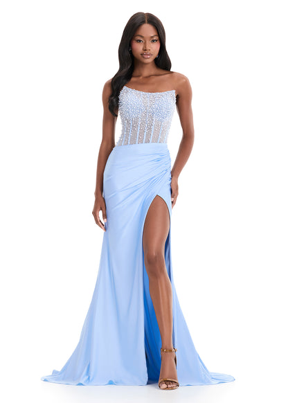 Make a grand entrance with ASHLEYlauren 12087 an elegant pearl beaded prom dress featuring a fully beaded bodice with dazzling press-on sequins. The figure-flattering silhouette showcases a ruched side slit skirt with a sweeping train, perfect for proms, galas, or formal occasions.

Available in Lilac, Black, Ice Pink, Sky, White, Red, Pink
Ideal for Proms, Galas, Formal Occasions
Jersey Fabric with Press-On Sequin Beading, Fitted Bodice, Ruched Side Slit Skirt, and Sweeping Train

This gown offers a fitted