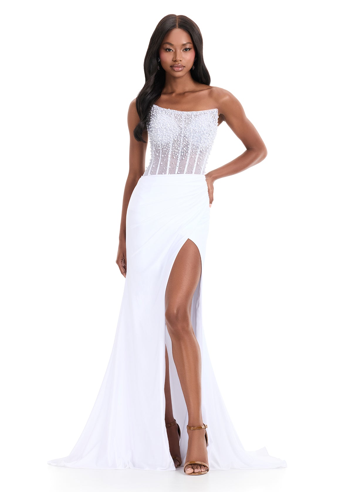 Ashley Lauren 12087 white elegant jersey evening gown sheer pearl bodice