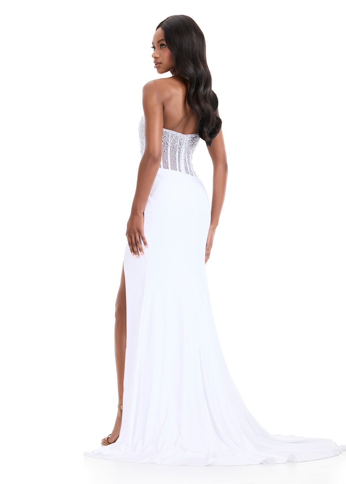 Ashley Lauren 12087 white elegant jersey evening gown sheer pearl bodice back