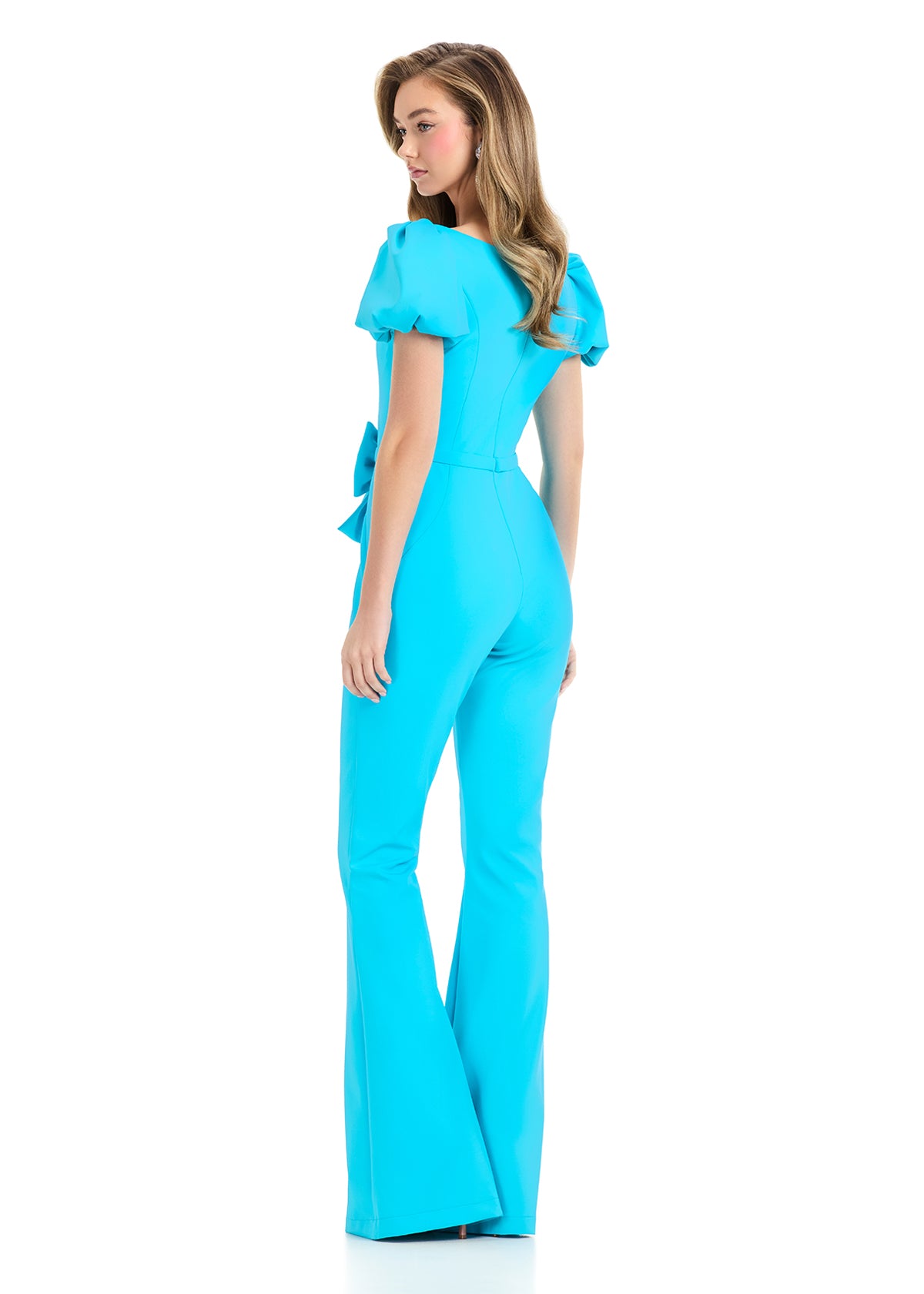 Ashley Lauren 12089 Turquoise Puff Sleeve Jumpsuit Bow waist flared pants legs back