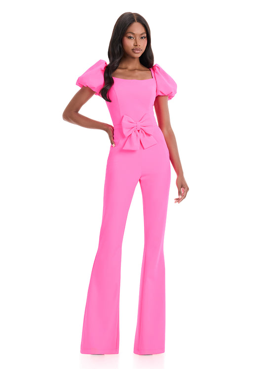 Ashley Lauren 12089 hot pink Puff Sleeve Jumpsuit Bow waist flared pants legs