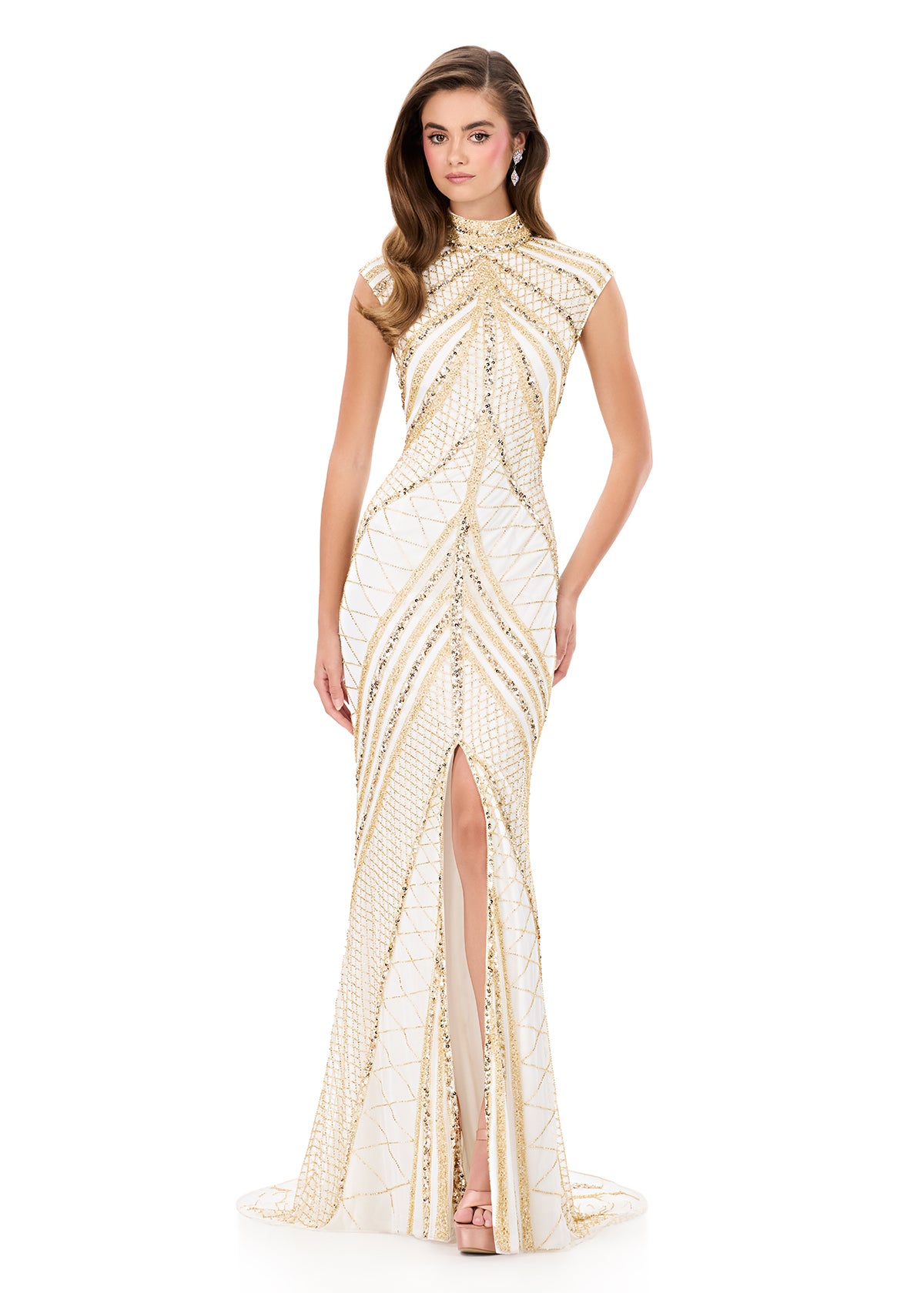 Ashley Lauren 1624 Gold/Ivory Cap Sleeve Beaded Evening Gown