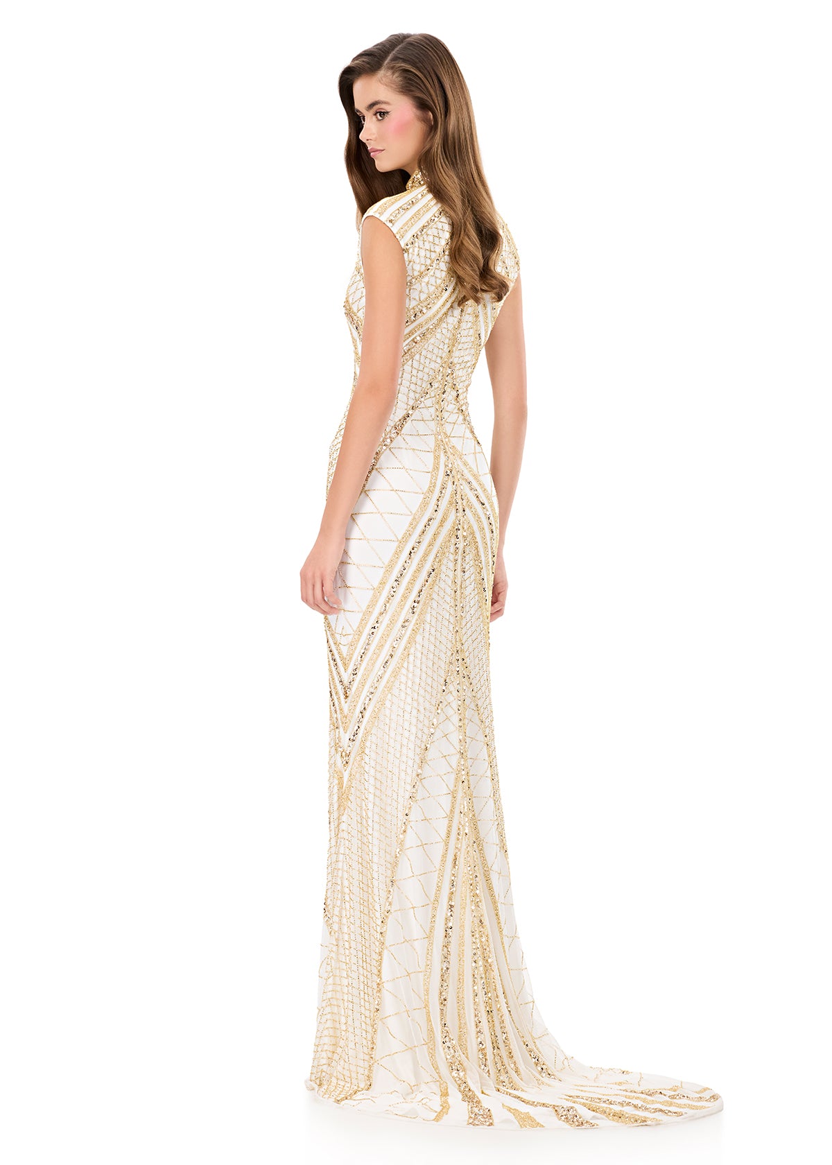 Ashley Lauren 1624 Gold/Ivory Cap Sleeve Beaded Evening Gown back