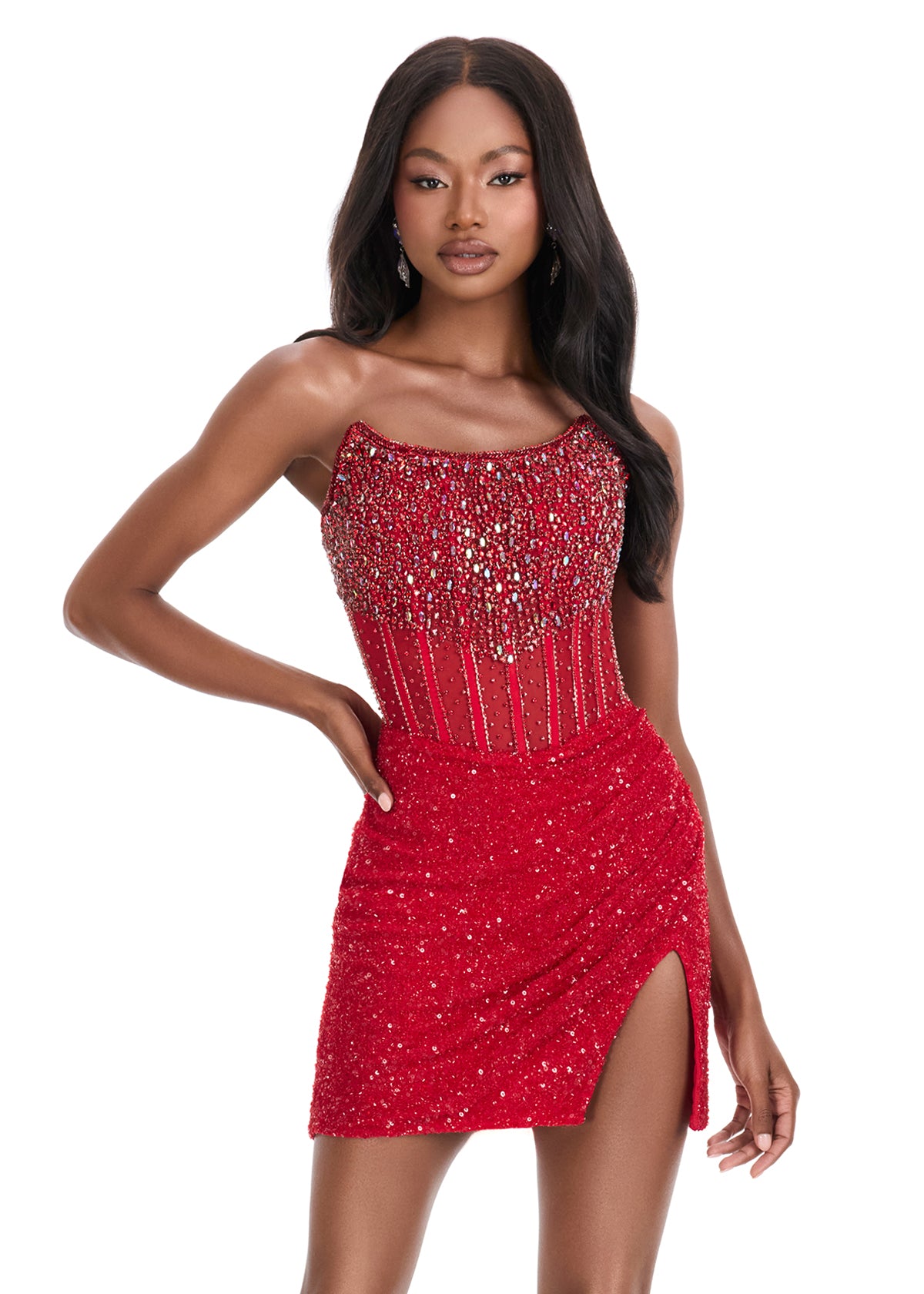 Ashley Lauren 4564 Red Sequin Beaded Cocktail Dress