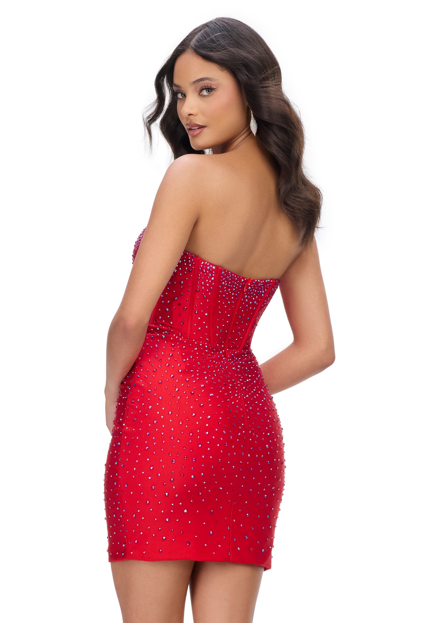 Ashley Lauren 4689 JerseyRed Cocktail Dress with Corset Bustier and Press On Stones back