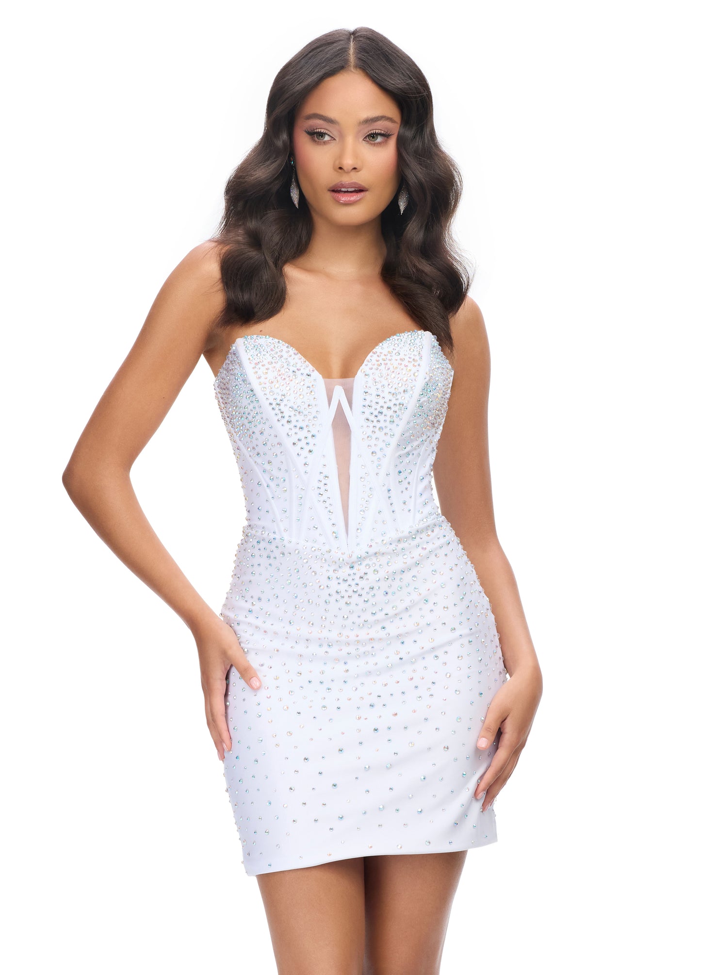 Ashley Lauren 4689 White Jersey Cocktail Dress with Corset Bustier and Press On Stones