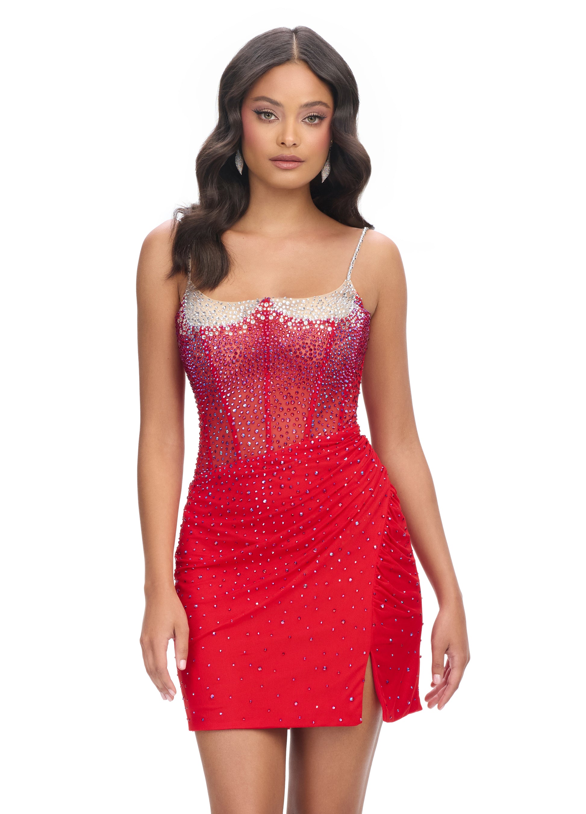 Ashley Lauren 4690 Cocktail Dress Corset Sheer Left Leg Slit Spaghetti Straps red front