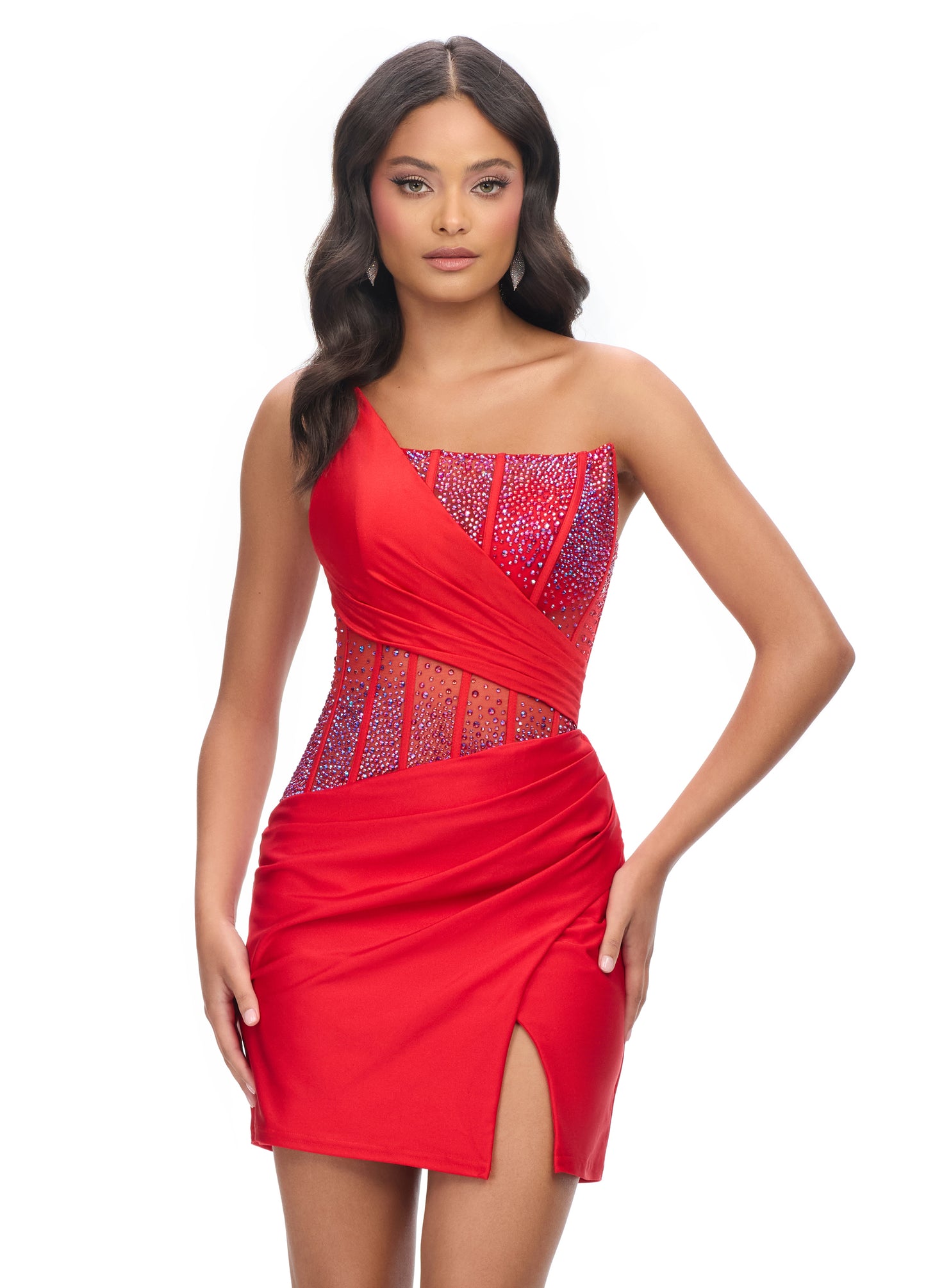 Ashley Lauren 4691&nbsp;The perfect cocktail dress does exist! Featuring a fully beaded corset bustier and left leg slit, this dress will have you looking extra fabulous!

One Shoulder
Corset Bustier
Press on Stones
Wrap Skirt
Colors:&nbsp;Peacock, Black, Red, Magenta, Purple, Royal
