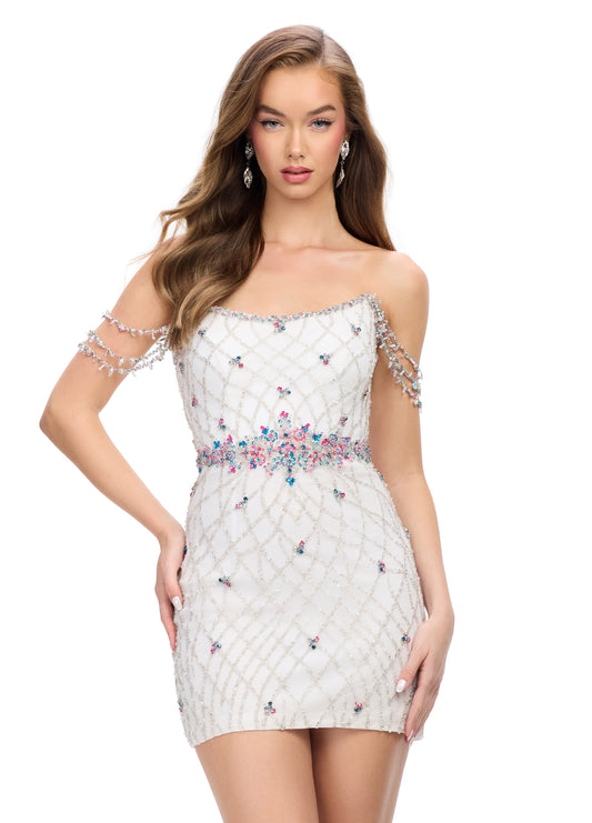 Indulge in elegance with the Ashley Lauren 4702 Ivory Beaded Cocktail Dress. This show-stopping piece boasts vibrant, multi-colored beads adorning the off-shoulder straps and a fully beaded design. With a flattering off-shoulder neckline, this dress is perfect for any occasion. Elevate your style and turn heads in this luxurious, hand-crafted masterpiece.