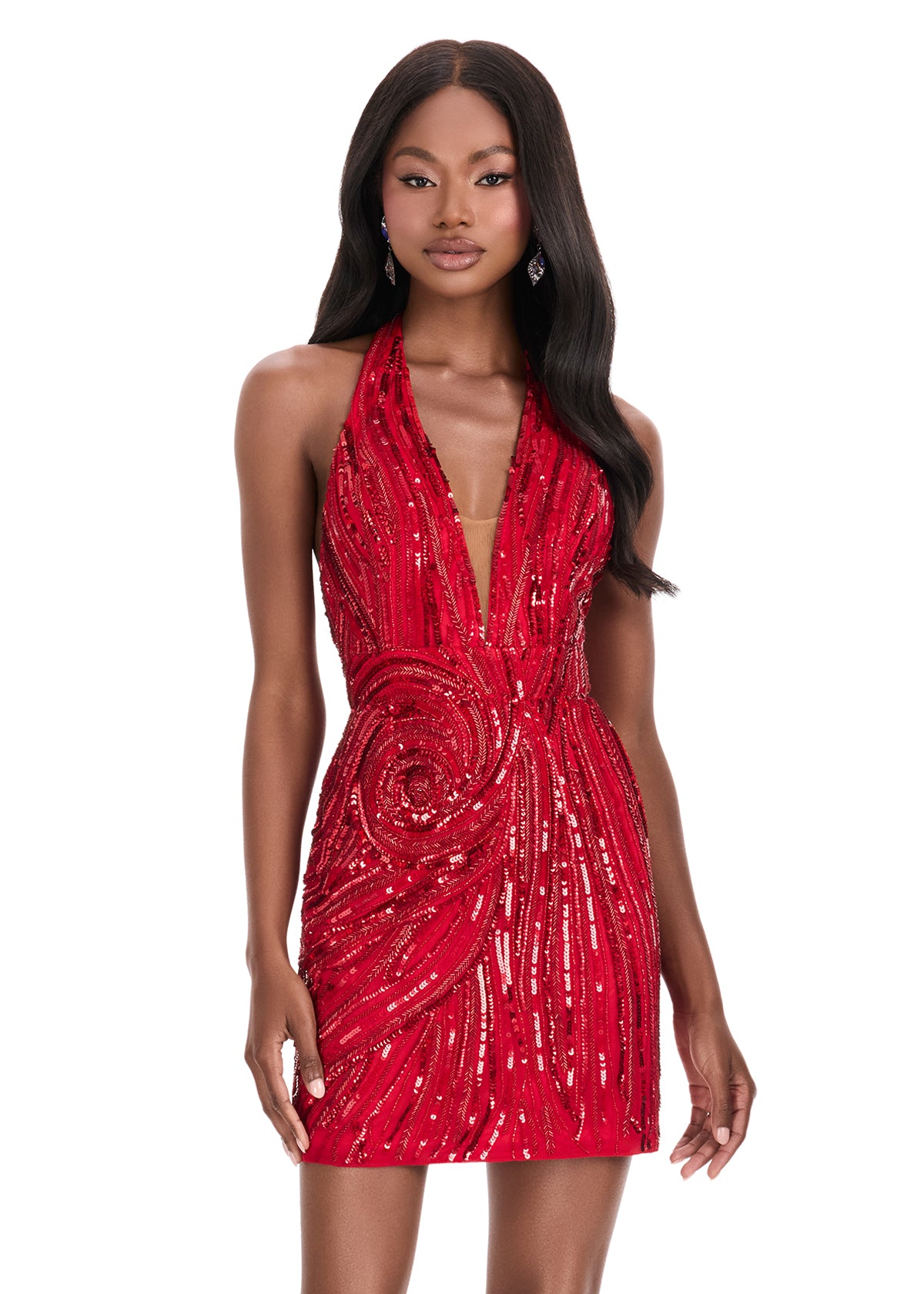 Ashley Lauren 4791 Red Halter Formal Cocktail Dress Sequins Homecoming Backless Short Gown