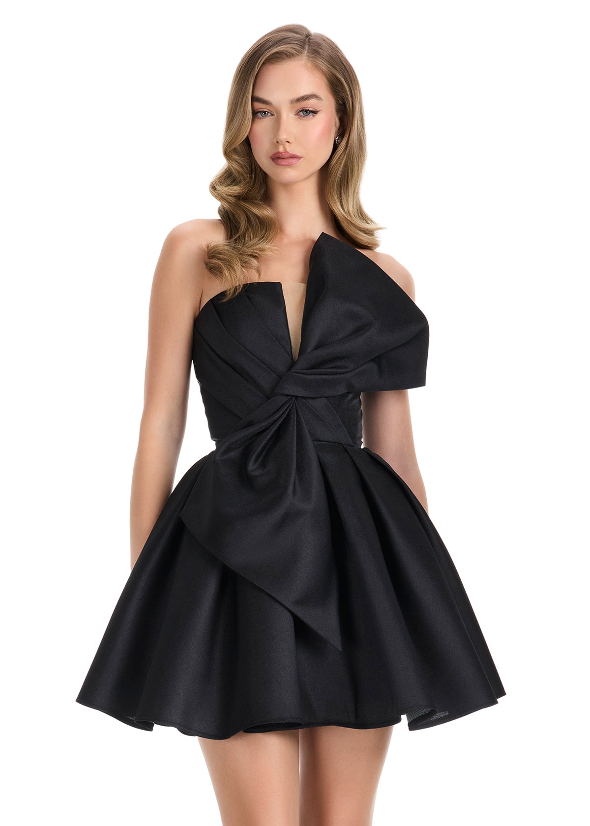 Ashley Lauren 4816 Black Short Flared Bow Pleated Cocktail Dress Homecoming Gown V neck Formal