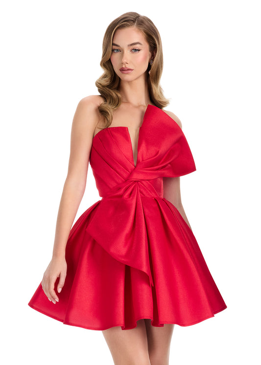 Ashley Lauren 4816 Red Short Flared Bow Pleated Cocktail Dress Homecoming Gown V neck Formal