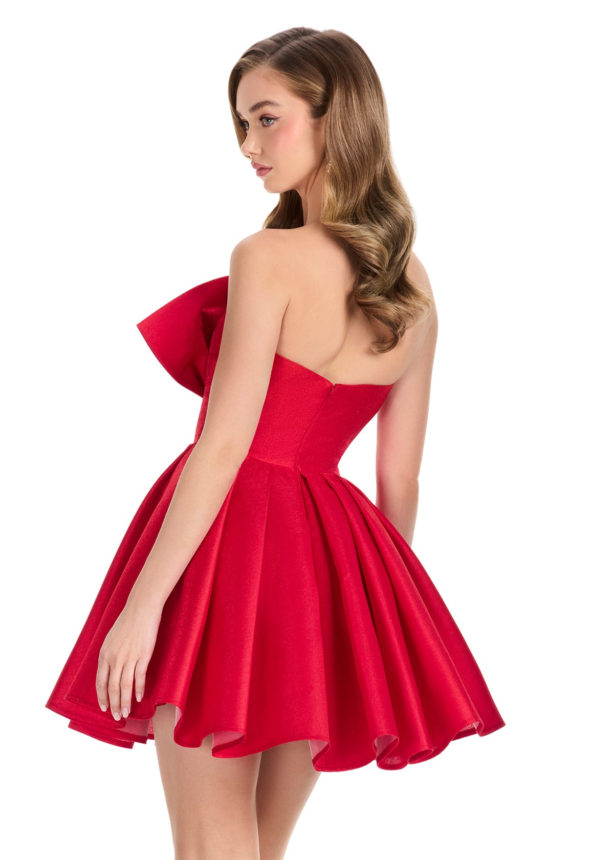 Ashley Lauren 4816 Red Short Flared Bow Pleated Cocktail Dress Homecoming Gown V neck Formal back