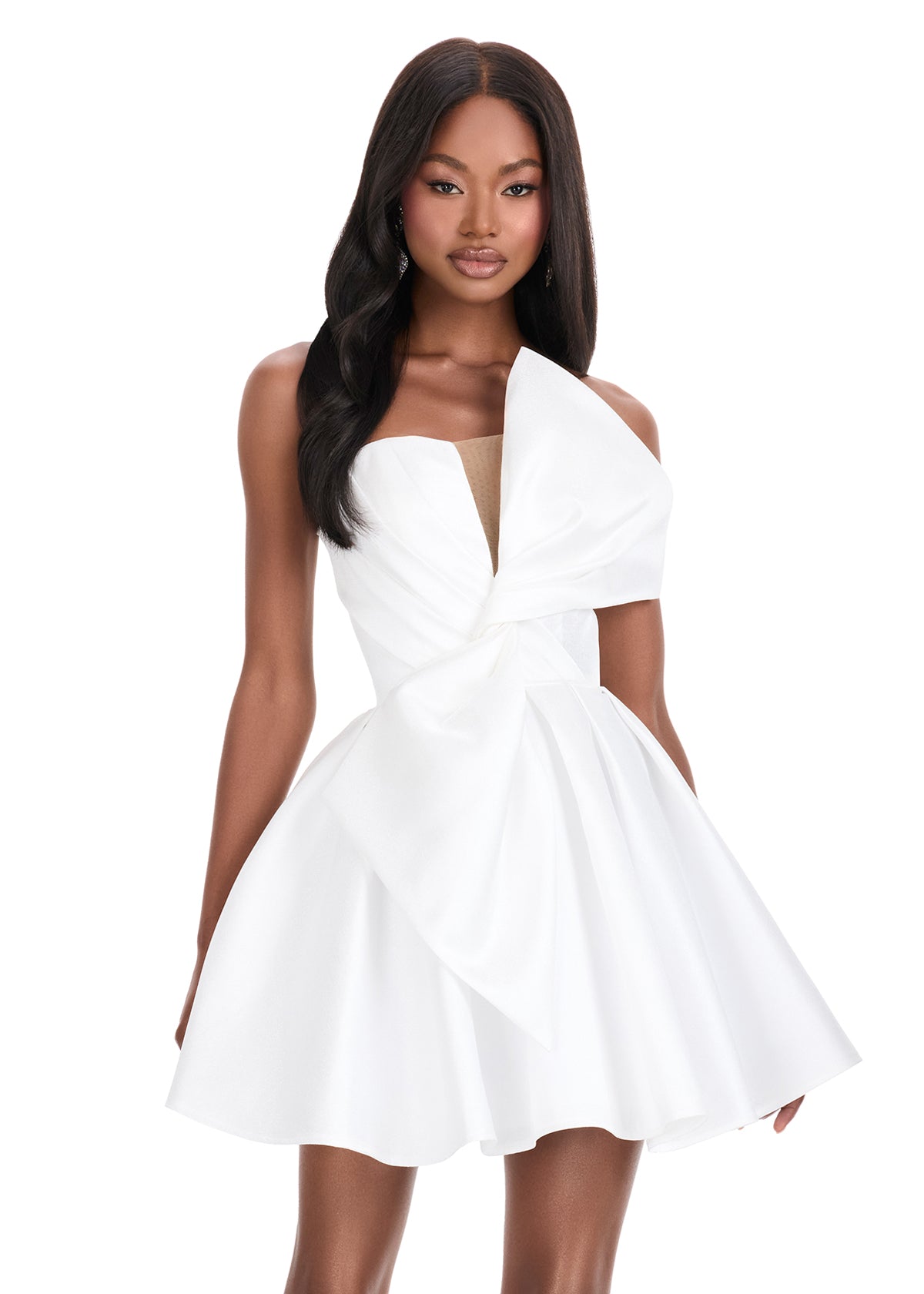 Ashley Lauren 4816 White Short Flared Bow Pleated Cocktail Dress Homecoming Gown V neck Formal