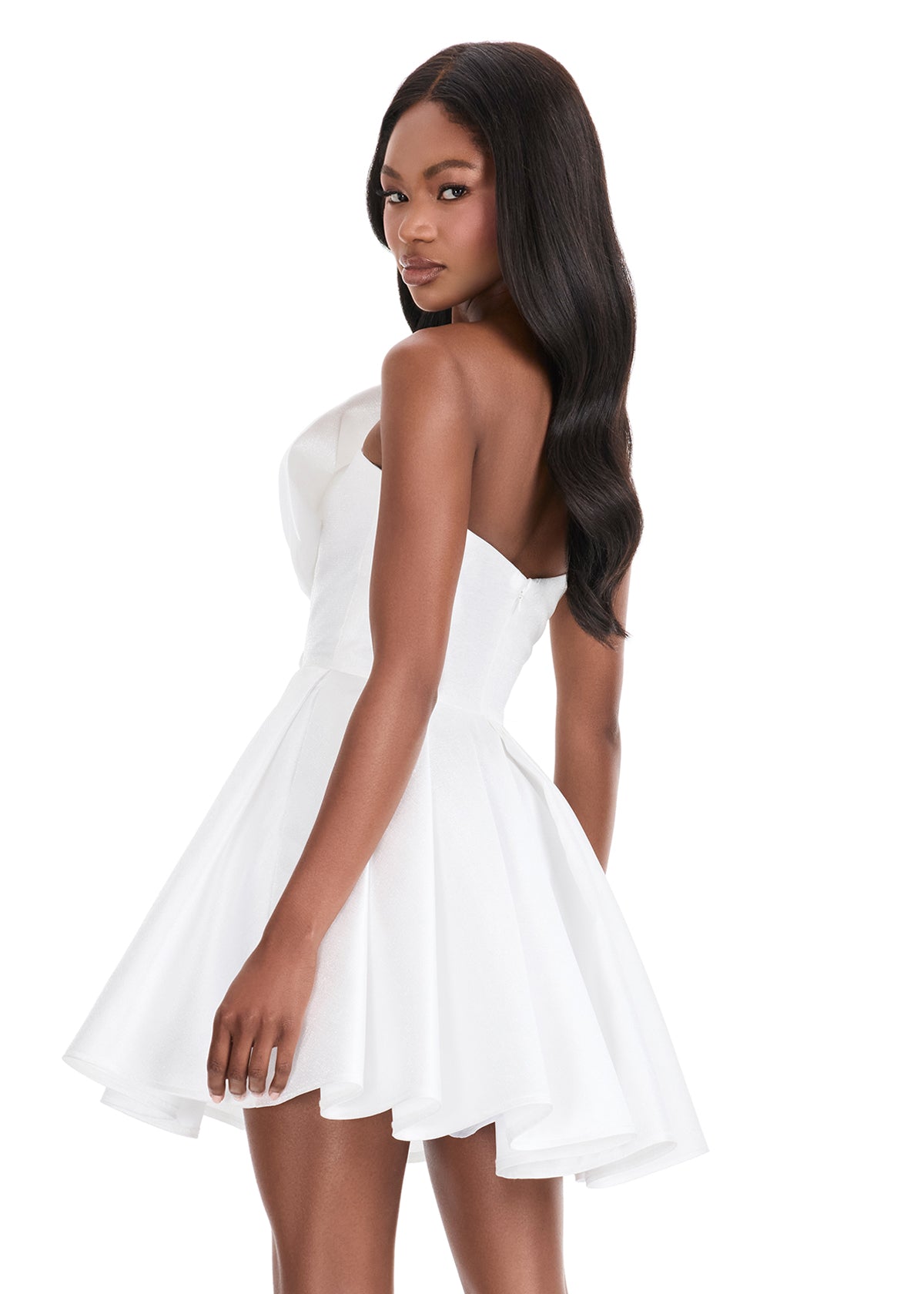 Ashley Lauren 4816 White Short Flared Bow Pleated Cocktail Dress Homecoming Gown V neck Formal back