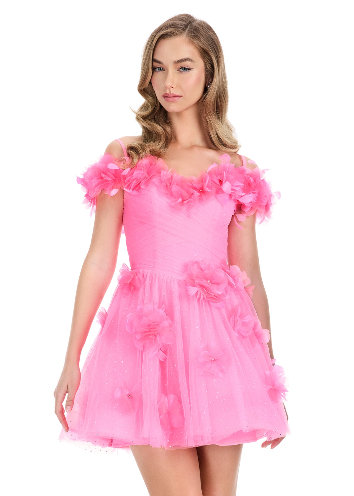 Ashley Lauren 4818 hot pink glitter tulle short dress floral appliques flared skirt