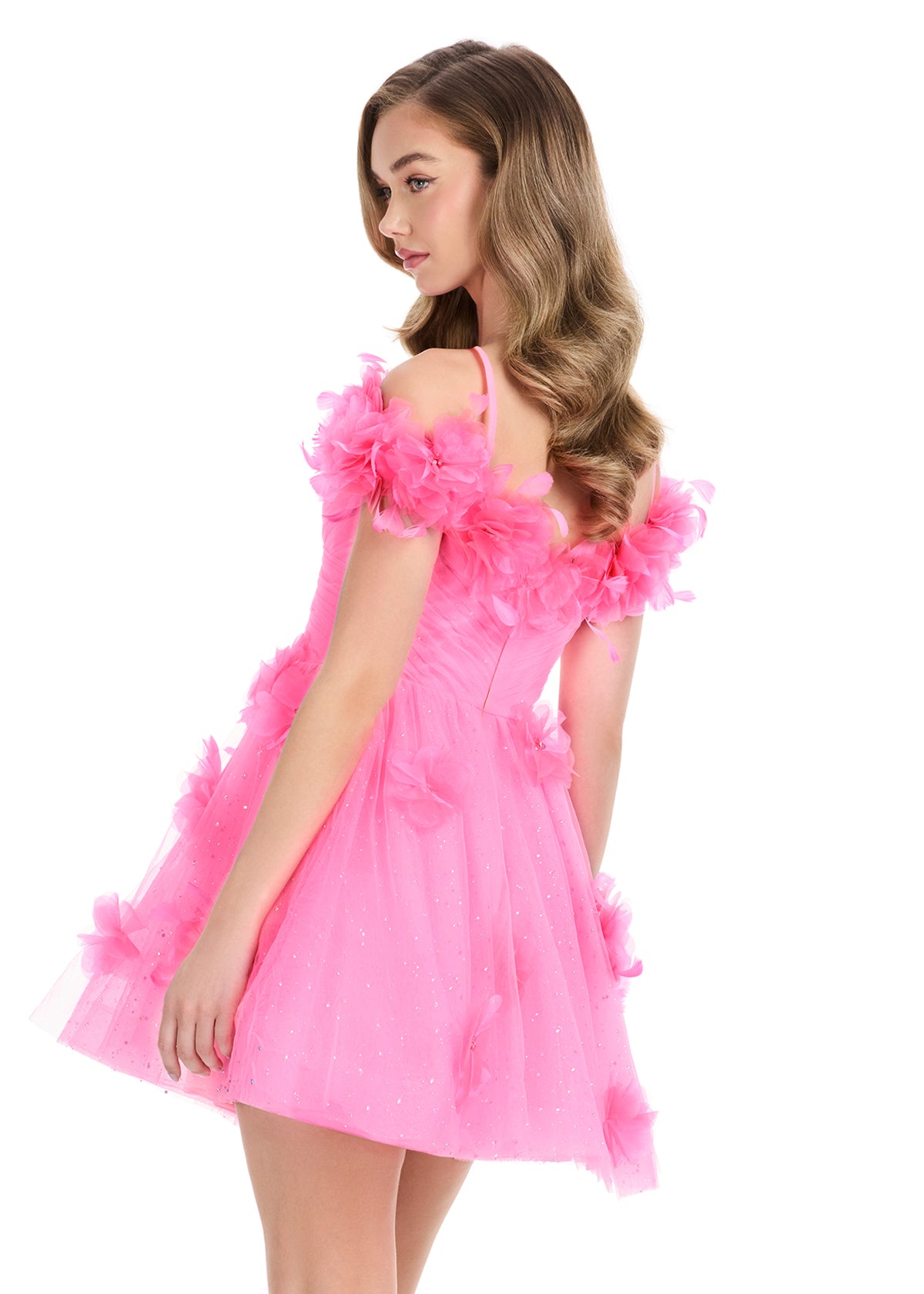 Ashley Lauren 4818 hot pink glitter tulle short dress floral appliques flared skirt back