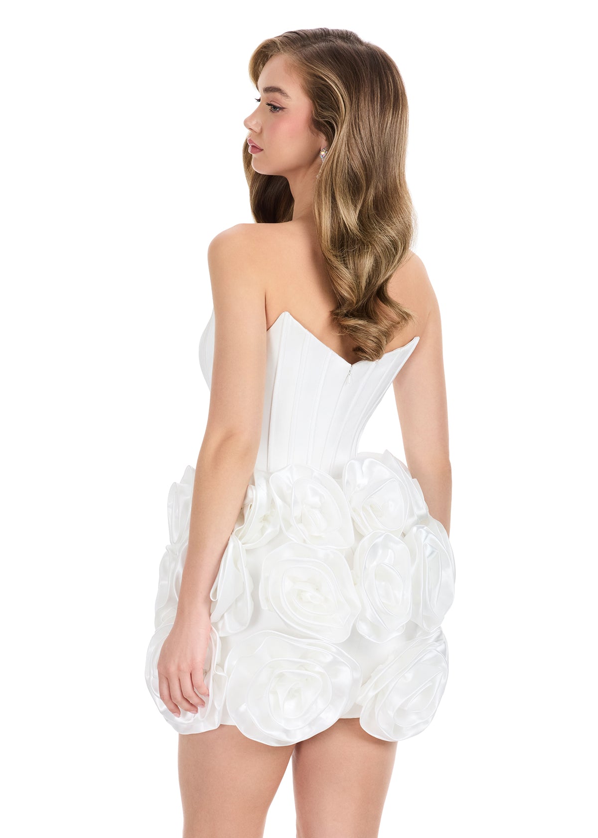 Ashley Lauren 4831 Ivory Satin Cocktail Dress Corset Oversized Flower Skirt back
