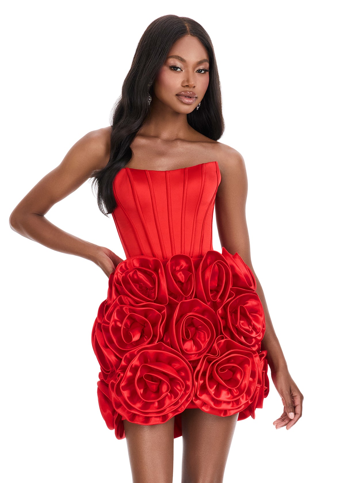 Ashley Lauren 4831 Red Satin Cocktail Dress Corset Oversized Flower Skirt